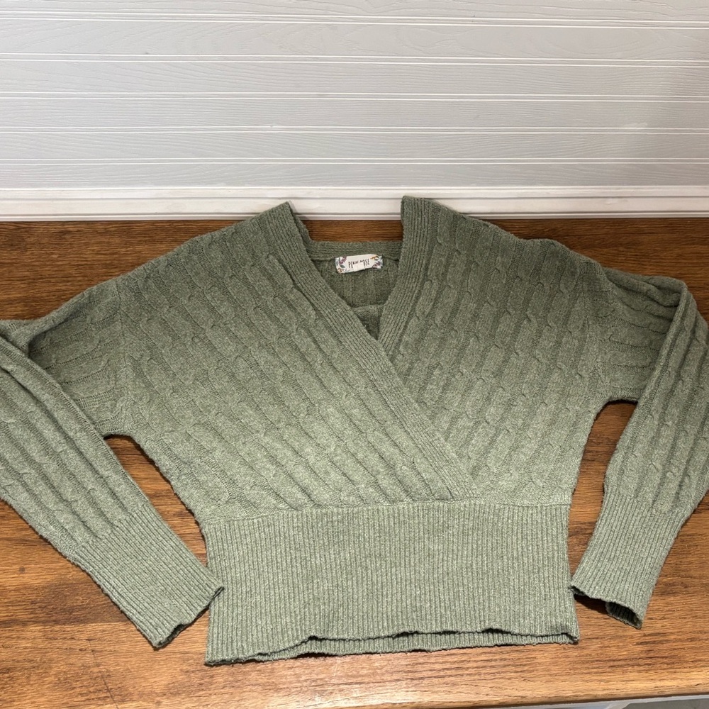 Pink Rose V-Neck Sweater in Sage Green